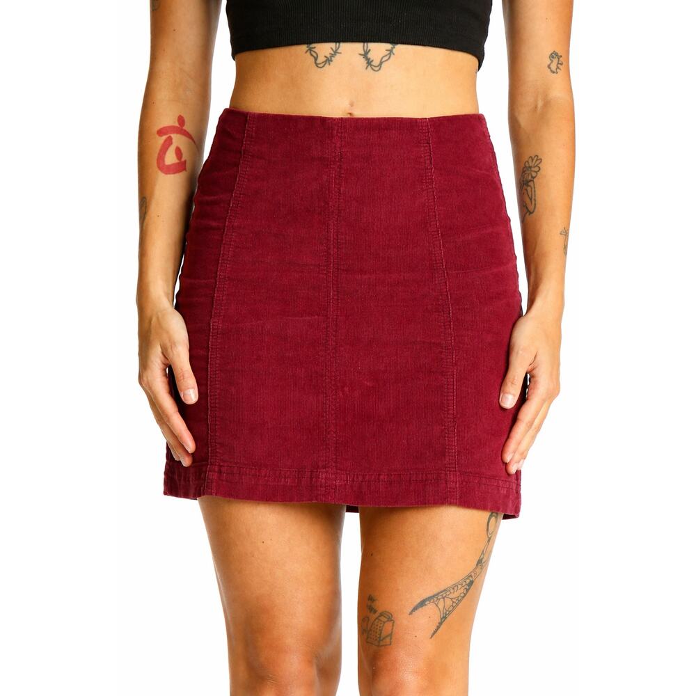 Free‎ People Burgundy Corduroy Mini Skirt 70s Retro Chic SilkRoll Dark Academia